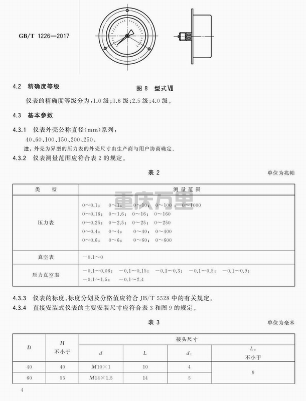 關于壓力表的表面外殼直徑尺寸、精確度等級、測量范圍、螺紋尺寸等分享